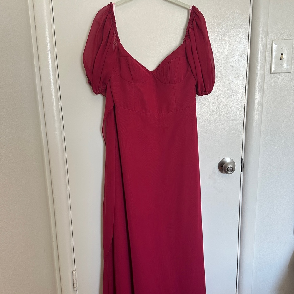 Azazie A-line Pleated Chiffon Backless Dress with bow and puff sleeve